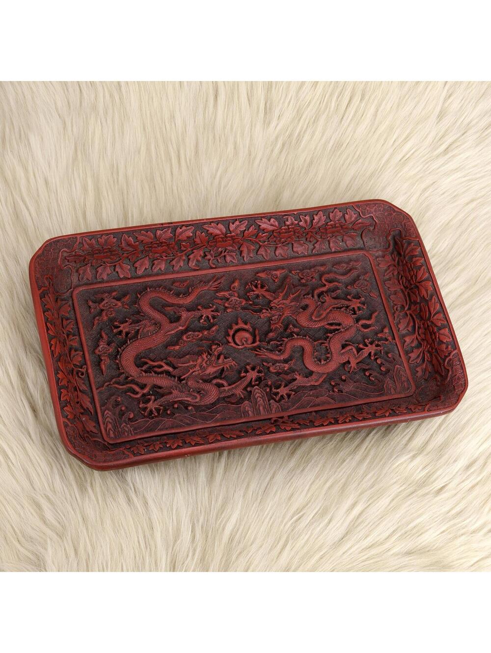 Antique 1890-1920 Cinnabar Double Dragon Pearl of Wisdom Qianlong Tribute Tray
